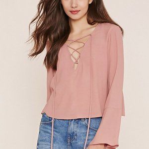 Dusty Pink Bell Sleeve Lace Up Blouse